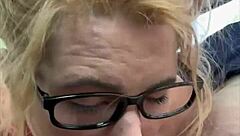 streetwalker slut with glasses deepthroats cock, swallows cum after mouth creampie