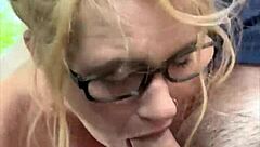 streetwalker slut with glasses deepthroats cock, swallows cum after mouth creampie