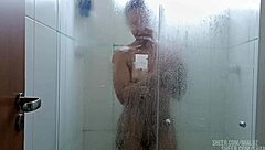 brunette latina fitness babe showers intimately without protection