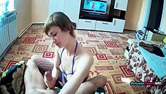 An early morning blowjob from this russian slim beauty in fishnets ends with cum in mouth