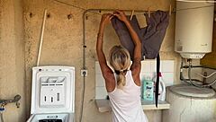 washing machine shakes as neighbor fucks milf to two quick creampies