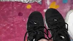 bold cumshot blasts all over her sexy fetish feet