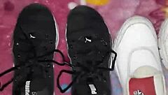 bold cumshot blasts all over her sexy fetish feet