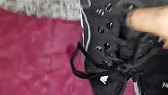 bold cumshot blasts all over her sexy fetish feet