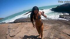 big ass latina pees then rides monster cock cowgirl on beach