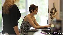 Teen lesbian cougar babe fingers and licks in threesome