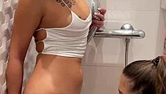 lesbian shower turns sloppy double blowjob 😩💦 huge facial cumswap pov