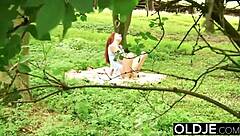 Young beauty hardcores grandpa in forest ends with facial cumshot