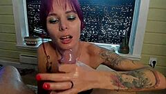 Petite oiled girl next door gives sloppy handjob blowjob with hot cum countdown