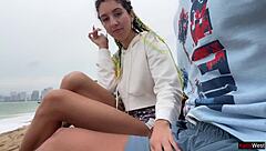 Skinny pigtail teen spots your public dick flash and sucks cum load