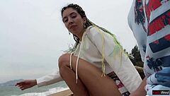 Skinny pigtail teen spots your public dick flash and sucks cum load