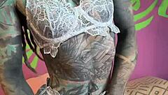 goth german punk rips lingerie for solo dildo ride dirty talk fingering her shaved pussy to climax