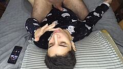 quick handjob ends with huge cum mouthful right before bed