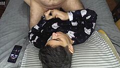 quick handjob ends with huge cum mouthful right before bed