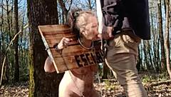 bound european milf slut bent over in outdoor bdsm carcan takes facial cumshot and uro humiliation