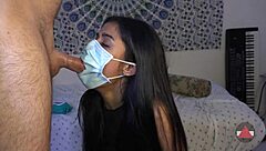 masked filipina swallows cock deep then unmasks for more sucking!