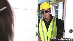 Petite teen kneels for massive facial cumshot outdoors