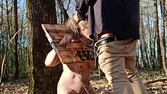 bound european milf slut bent over in outdoor bdsm carcan takes facial cumshot and uro humiliation