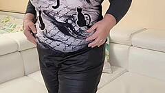 Thick busty granny strips naked showing off her huge tits and hairy pussy