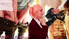 Hot college girl next door dives into first blowbang cum covered in lingerie party