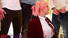 Hot college girl next door dives into first blowbang cum covered in lingerie party