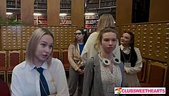 18yo bookworm lesbians lick juicy shaved pussies in library orgy 😍👅💦