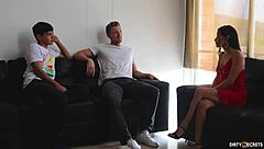 Foreign friend bends over and fucks stepmom pussy hard in bedroom