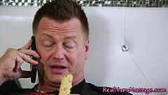 Snow-covered Asian masseuse with massive boobs gives a slippery nuru handjob fetish blast