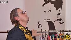 Sons girlfriend strips clothes off for old mans hard cock pounding