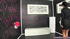 slime covered babe takes messy bukkake facial in heels gloryhole 😍💦