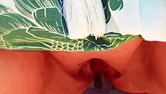 Blonde mature aunt spreads her huge shaved pussy lips wide open