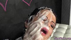 slime covered babe takes messy bukkake facial in heels gloryhole 😍💦