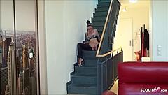 Skinny tattooed german milf mommy with glasses rims licks balls and takes facial cum on the stairs.