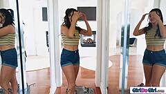 Hot milf dominates petite young naked maid with fingering licking strapon and pussy toys in lezdom 69.