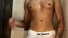 Novinho strokes thick monster cock hard homemade interracial handjob shower cum