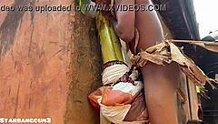 Chubby village slut rides huge toys on country ranch