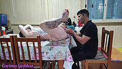 Curious Goddess Milf Housewife Devours Hairy Wet Pussy on Dining Table Hungrily