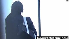 japanese cutie pees hard on bathroom floor then wipes it clean