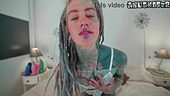 Tattooed goth girl fucks shaved pussy hard with huge toy till orgasm!
