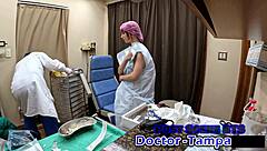 Dr Tampa's latex nurse Ditria Rose examines patient's cock backstage in hospital roleplay