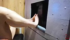 insane first footjob! redcatsroom dominates cum on small cock at gloryhole