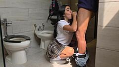 professor fucks tattooed student petite tits cowgirl in school bathroom?