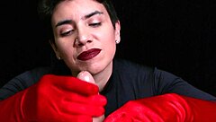 she strokes my throbbing cock with those sexy RED OPERA GLOVES till i blast cum everywhere in romantic fetish hd