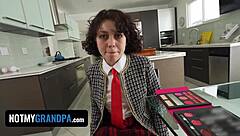 My horny stepgrandpa helped me change into school uniform so i helpedd his huge boner