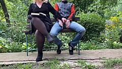 stepmom flashes her curvy hairy pussy outdoors to tempt steps on in pantyhose