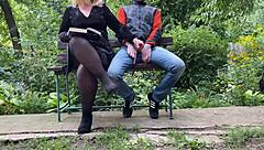 stepmom flashes her curvy hairy pussy outdoors to tempt steps on in pantyhose