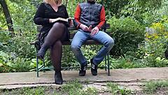 stepmom flashes her curvy hairy pussy outdoors to tempt steps on in pantyhose