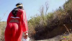 Ebonys hairy pussy pounded outdoors by big cock stud.