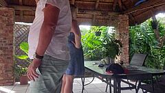 Blonde big tits wife takes risky creampie on balcony while hubby works!