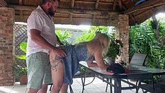 Blonde big tits wife takes risky creampie on balcony while hubby works!